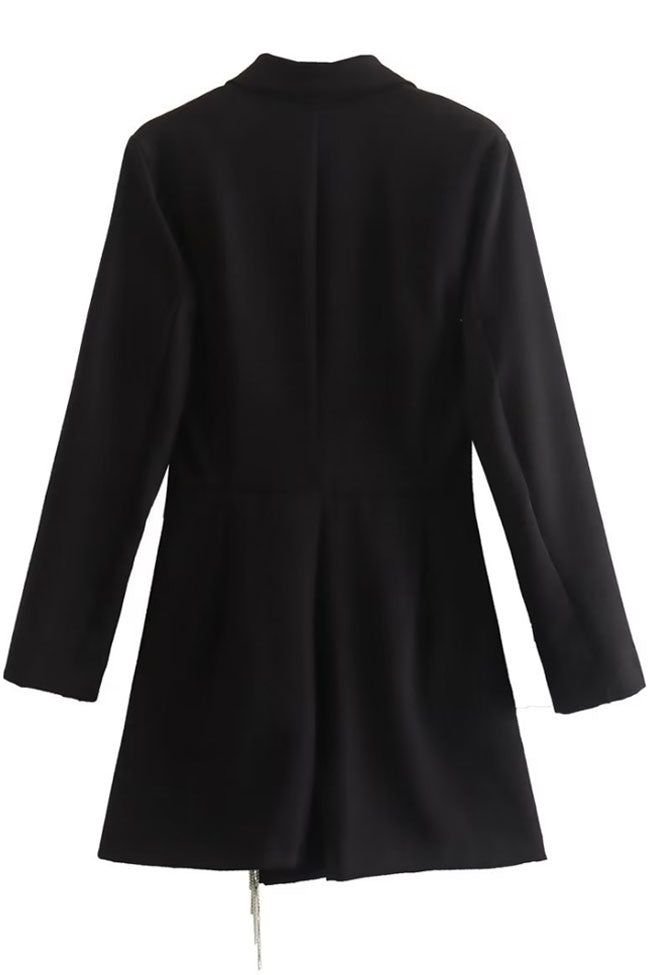 Sparkly Fringe Trim Lapel Collar Long Sleeve Mini Dress - Black - View 4