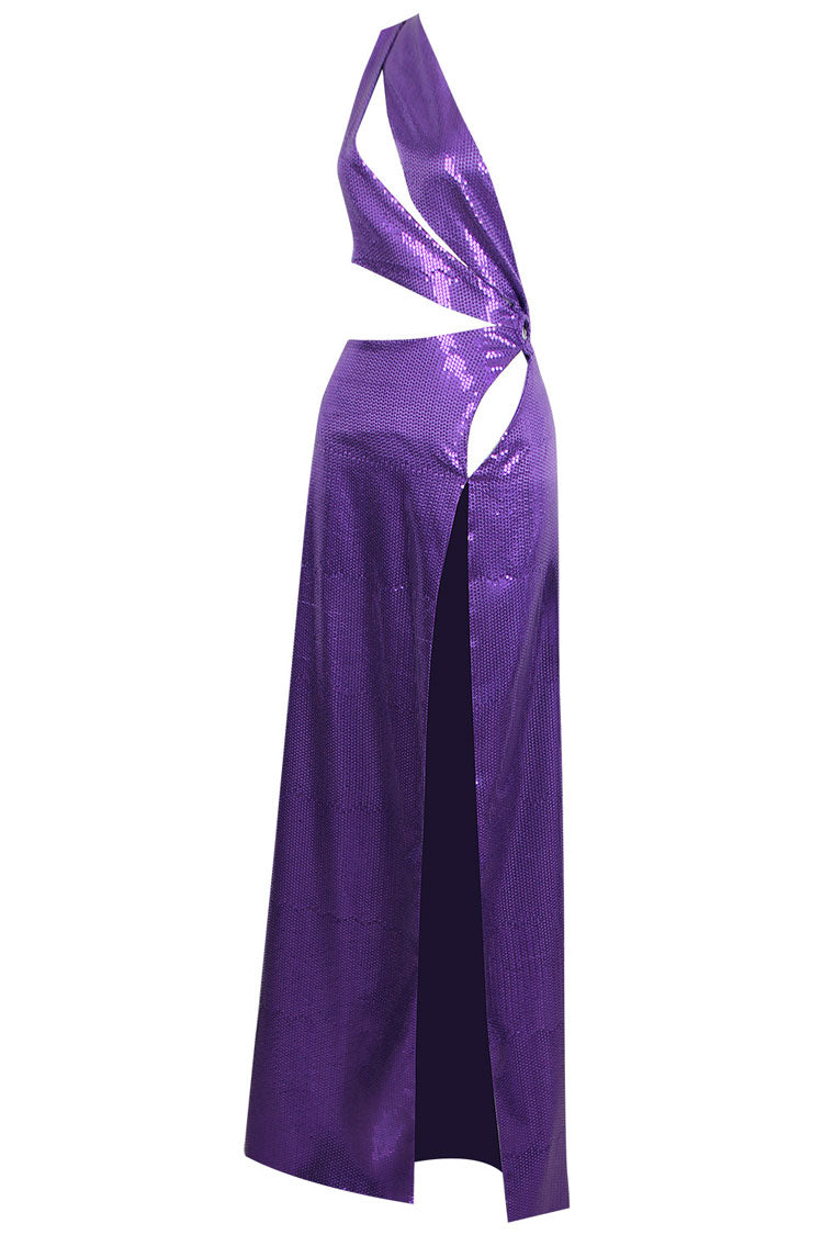 Sequin Halter Neck Plunge Cut Out High Split Maxi Dress - View 3