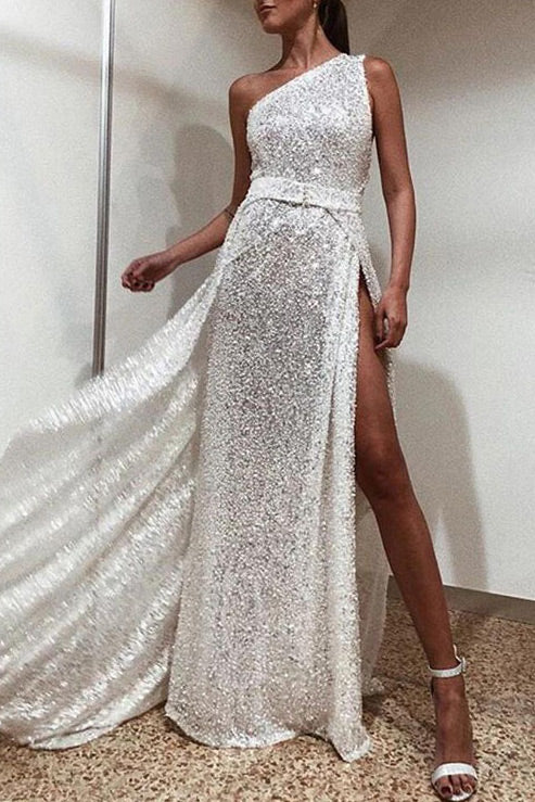 Sparkly Sexy One Shoulder Slit Prom Dress - Mislish