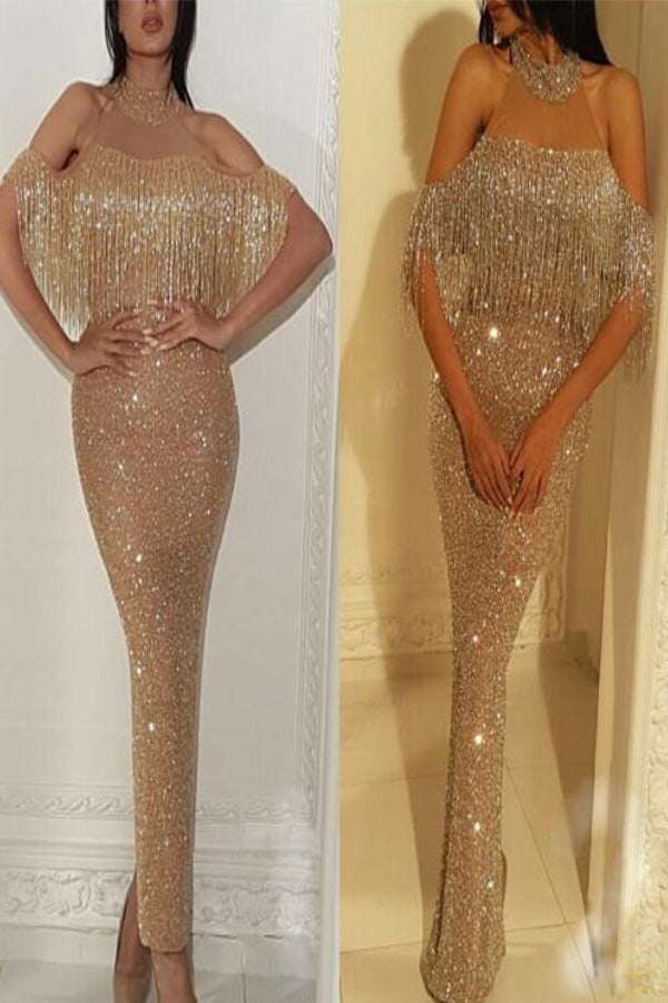 Sparkly Sequin Off-the-shoulder Tasseled Dress - Mislish