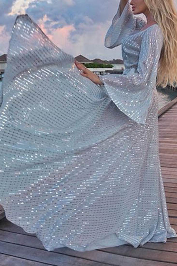 Sparkly Silver V-neck Prom Dress