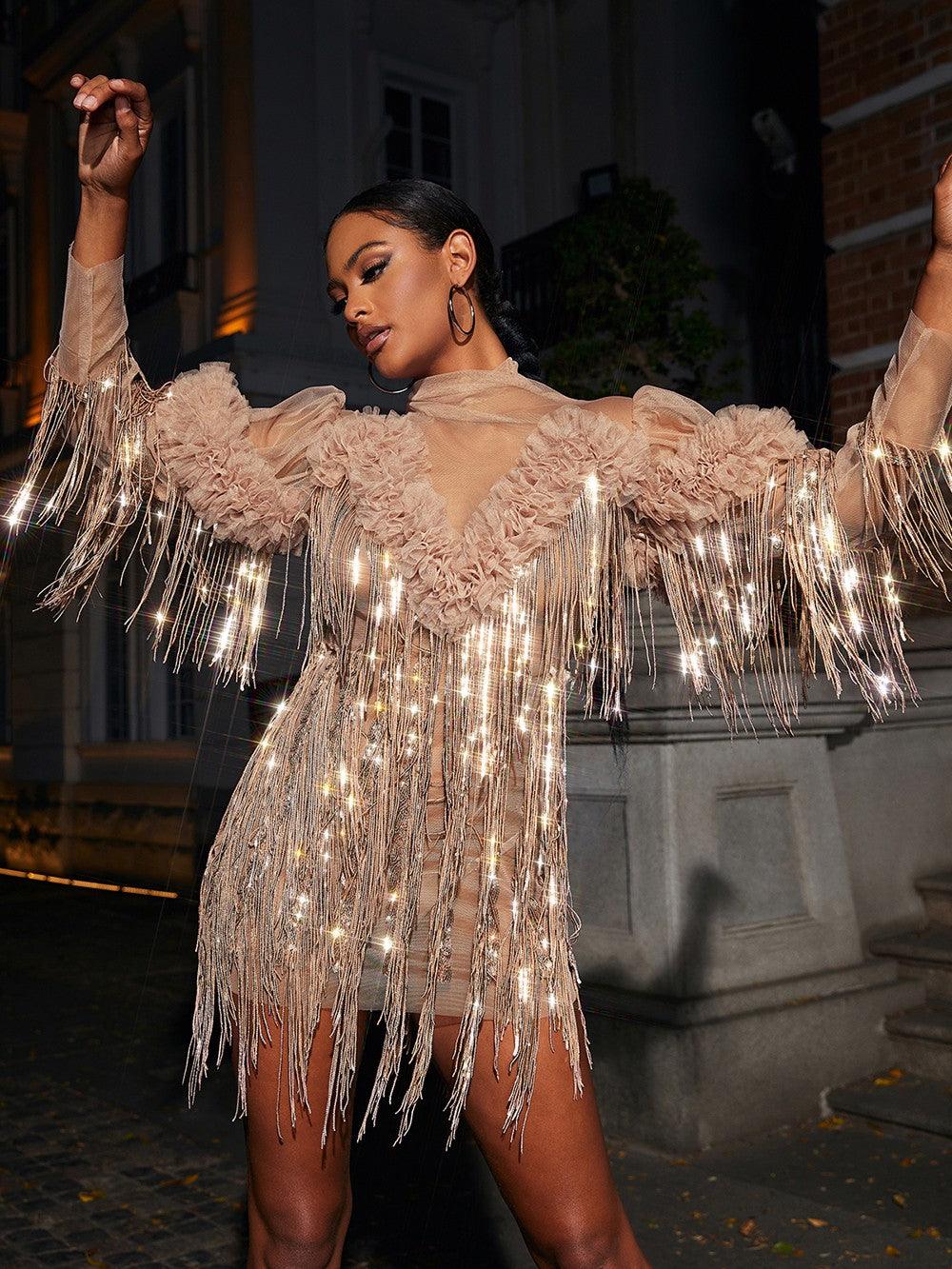 Sequin Fringe Long Sleeve Sheer Mesh Mini Dress 4