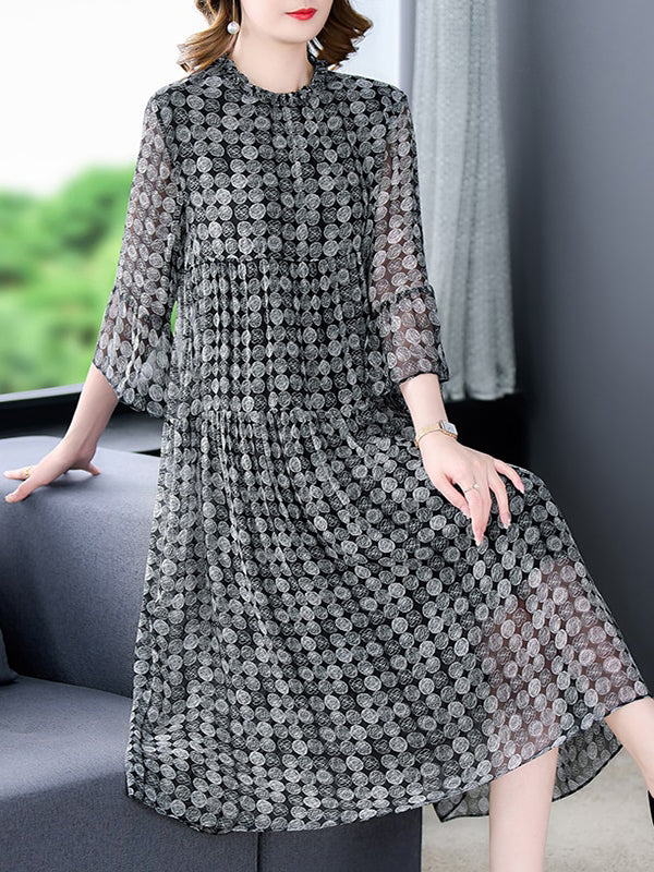 Chiffon Geometric Circle Print Tiered Ruffle Mock Neck Midi Dress