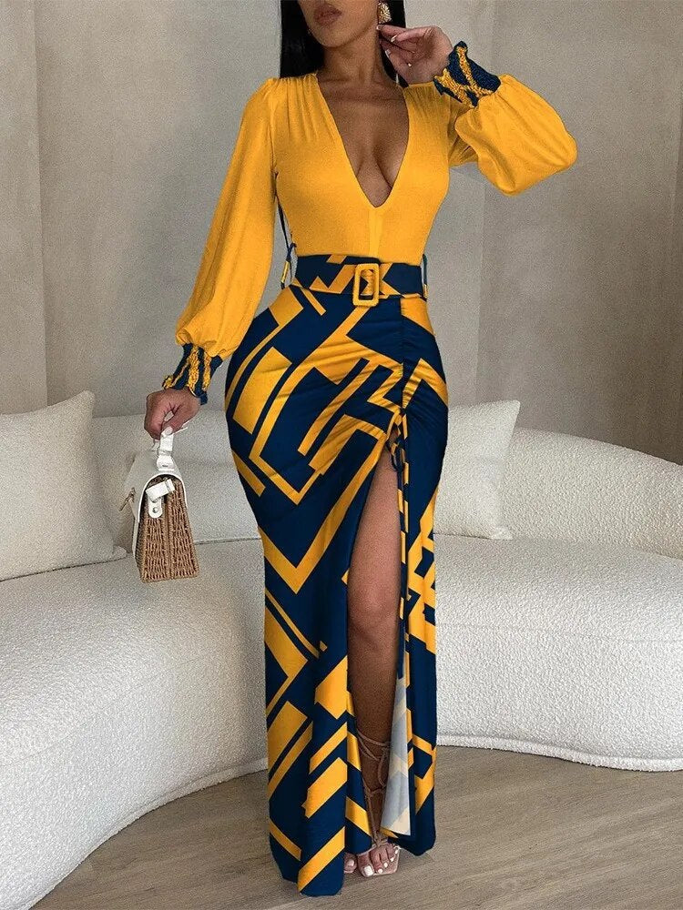 Geometric Print Plunge Lantern Sleeve Belted High-Slit Maxi Set