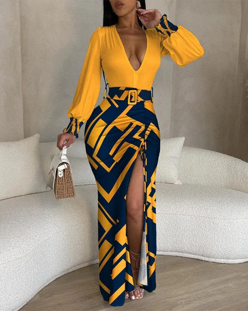 Geometric Print Plunge Lantern Sleeve Belted High-Slit Maxi Set 10