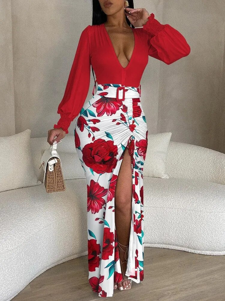 Geometric Print Plunge Lantern Sleeve Belted High-Slit Maxi Set 5