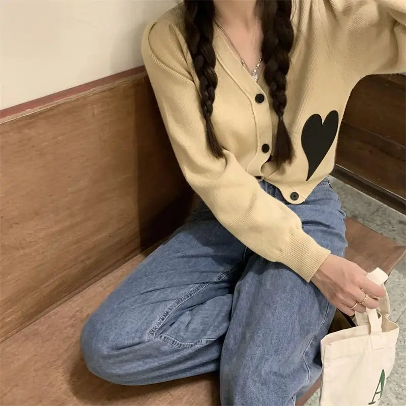 V-Neck Long Sleeve Solid Loose Sweet Knit Cardigan
