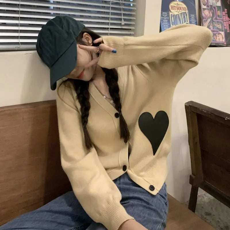 V-Neck Long Sleeve Solid Loose Sweet Knit Cardigan