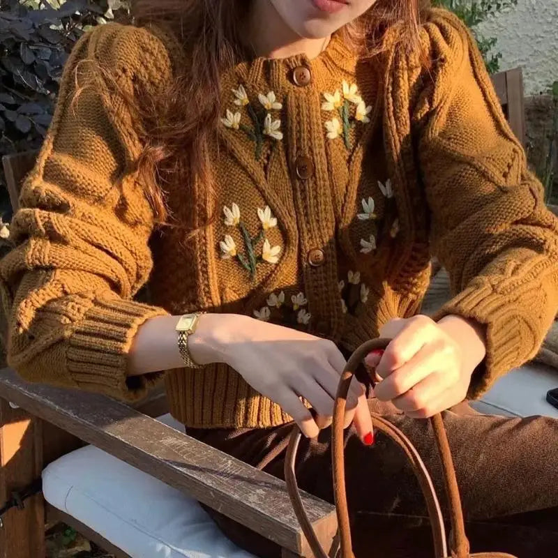 Elegant Print Single Breasted Knit Cardigan