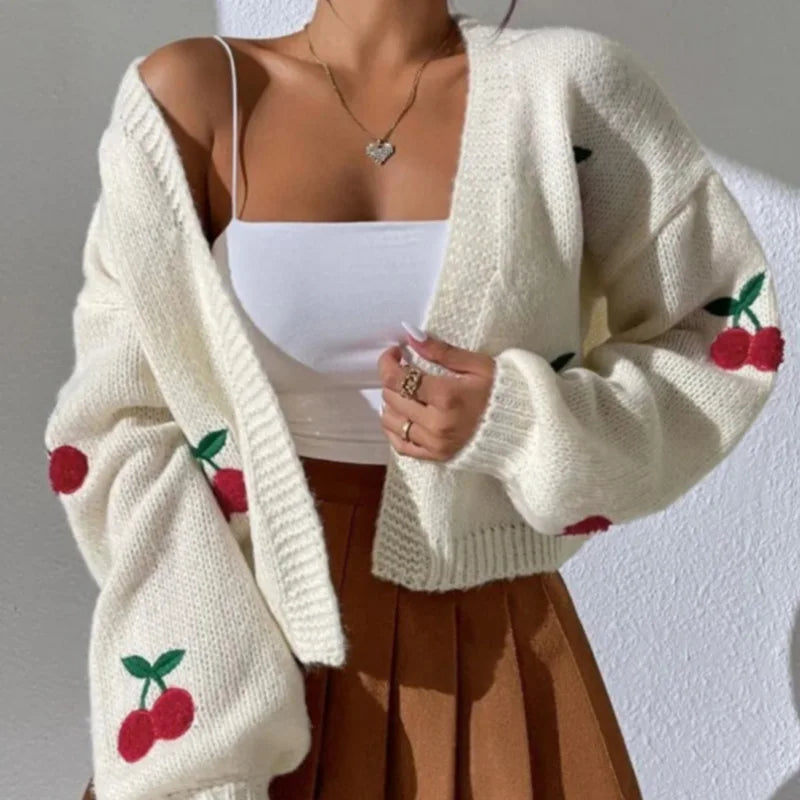 Cherry Embroidery Loose Long Sleeve Casual Knit Cardigan
