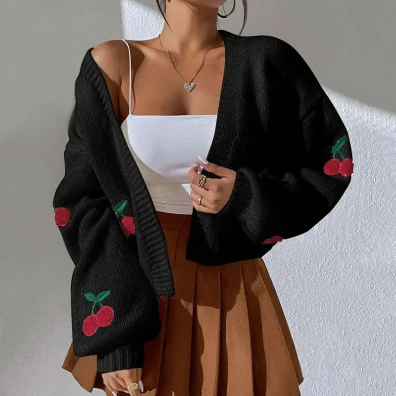 Cherry Embroidery Loose Long Sleeve Casual Knit Cardigan