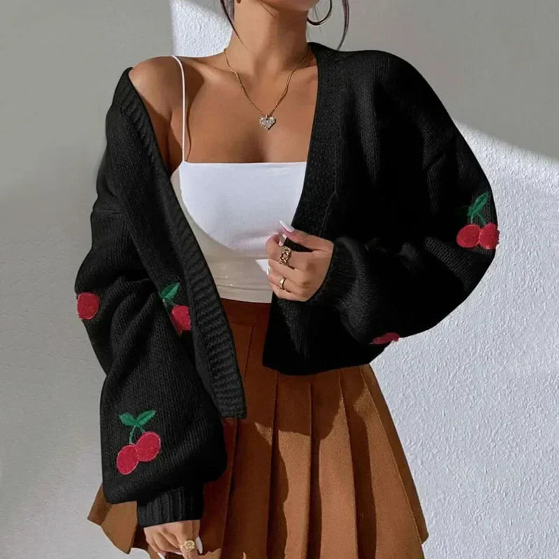 Cherry Embroidery Loose Long Sleeve Casual Knit Cardigan