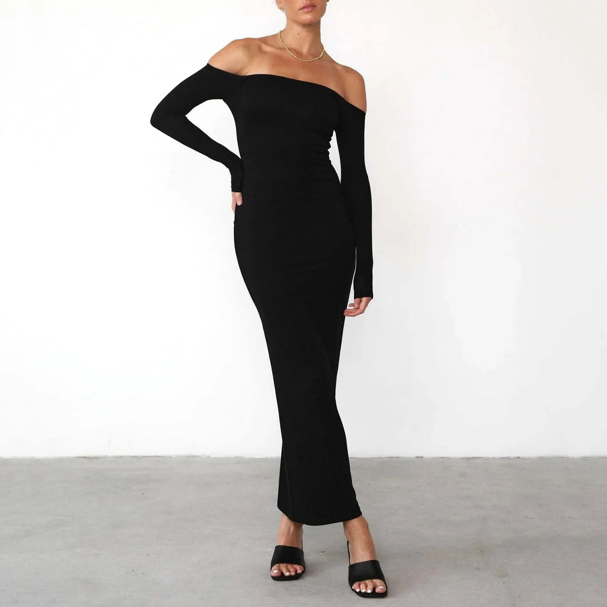 Jersey Off-Shoulder Long-Sleeve Bodycon Maxi Dress