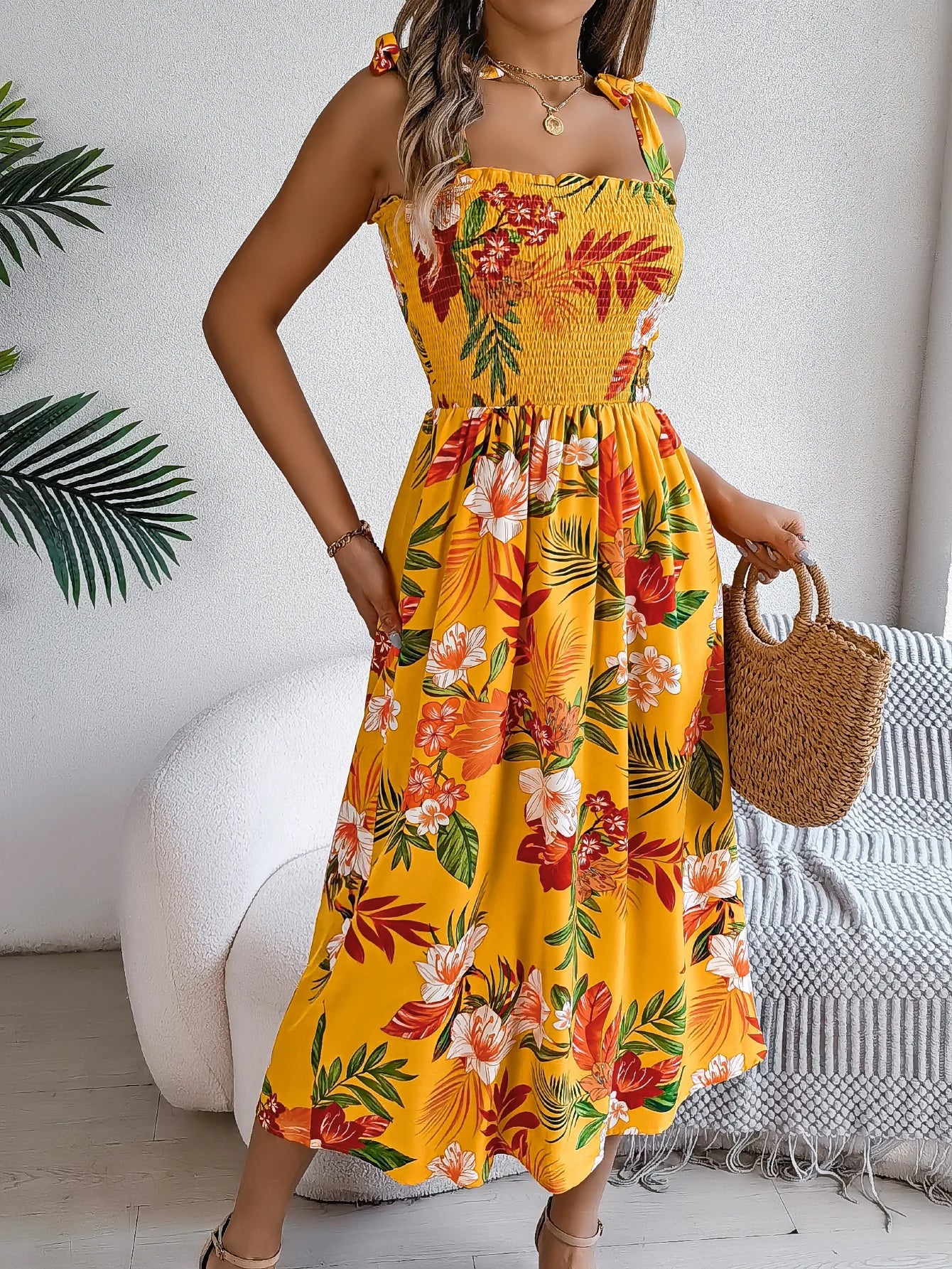 Floral Print Lace-up Sleeveless Vacation Floral Dress