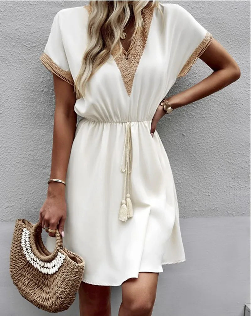 Lace V-Neck Panel Short Sleeve Midi Dress - View 12