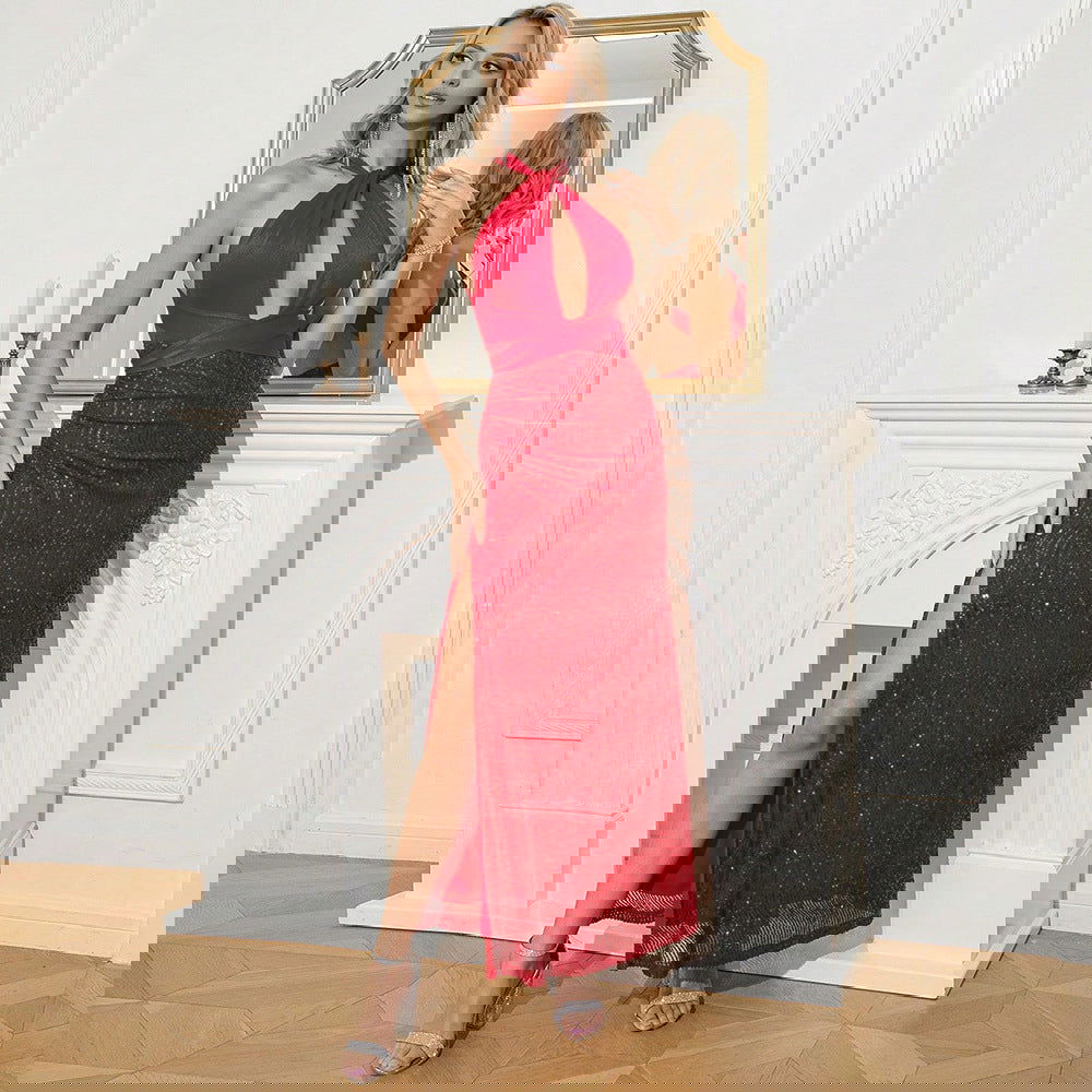Best Elegant Dress Halter Cut out Stitching Sequ Backless Formal Dress - Fashionpara