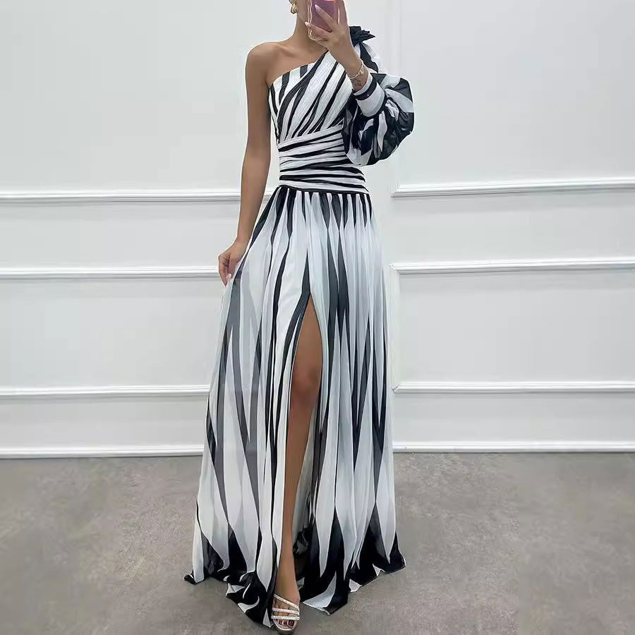 One Shoulder Bishop Sleeve Ruched Waist High Split Chiffon Maxi Dress