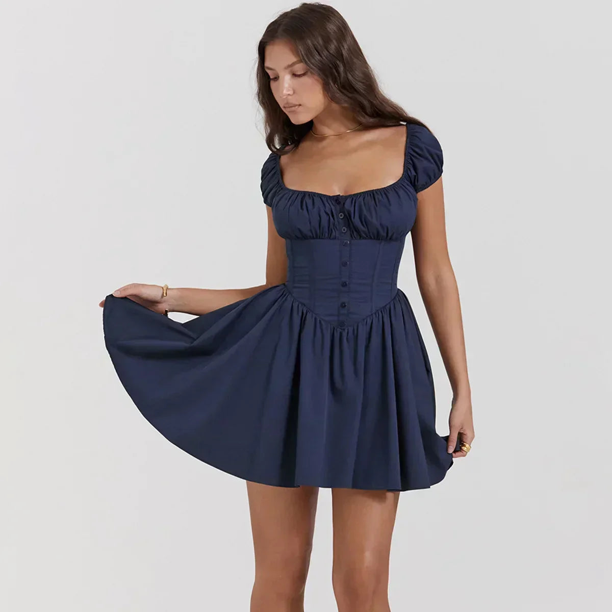 Square Neck Puff Sleeve Corset Fit and Flare Mini Dress - View 5