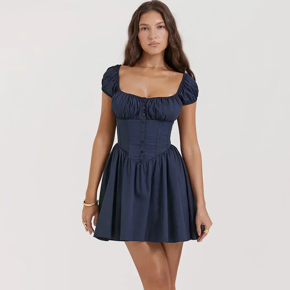 Square Neck Puff Sleeve Corset Fit and Flare Mini Dress