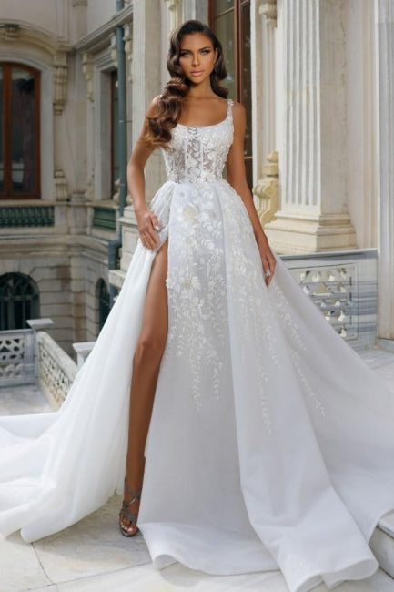 A-Line Square Neck Appliques Stain Sleeveless Wedding Dress with High Split - Fashionpara