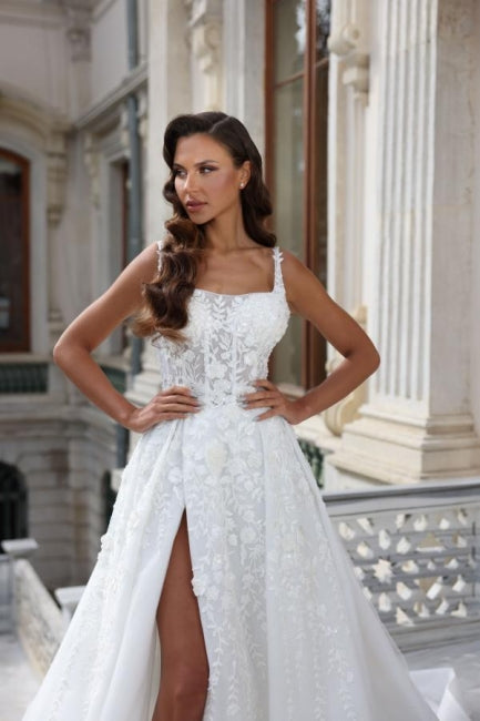 A-Line Square Neck Appliques Stain Sleeveless Wedding Dress with High Split - Fashionpara