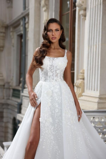 A-Line Square Neck Appliques Stain Sleeveless Wedding Dress with High Split - Fashionpara