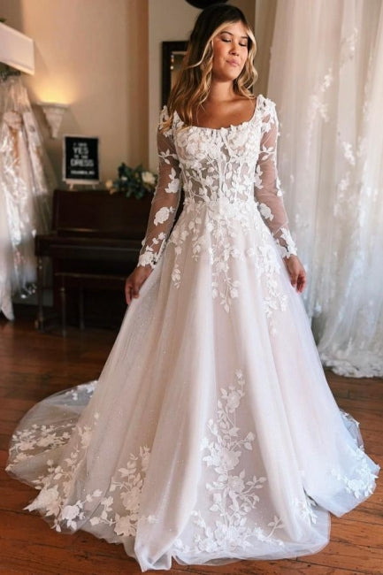 Glamorous A-Line Square Neck Long Sleeves Lace Wedding Dress - Fashionpara