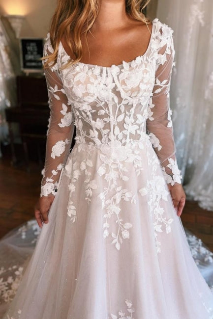 Glamorous A-Line Square Neck Long Sleeves Lace Wedding Dress - Fashionpara
