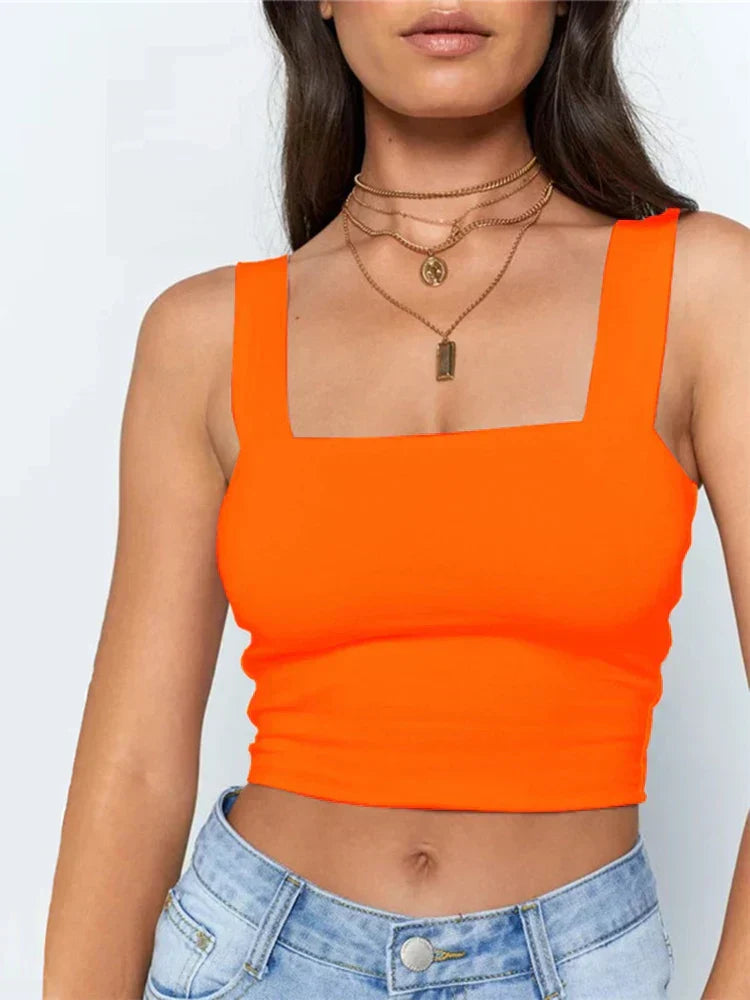 Square Neck Sleeveless Summer Crop Women Black Casual Basic T Shirt Off Shoulder Cami Sexy Backless Tank top
