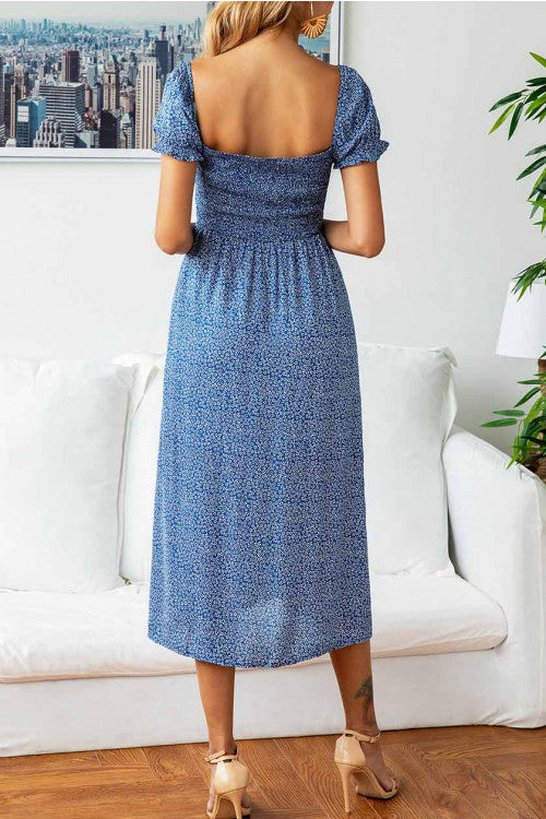Square Neck Backless Printed Slit Dress