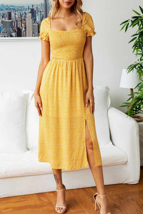 Square Neck Backless Printed Slit Dress - Mislish