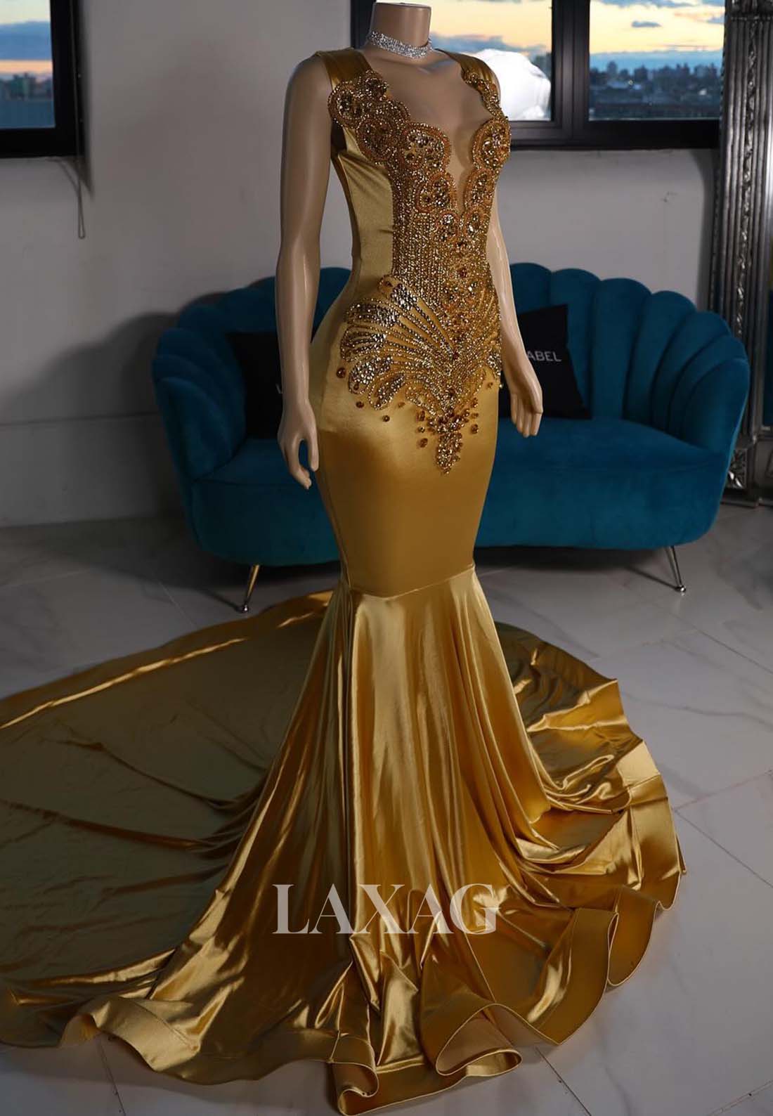 Deep V-Neck Off-Shoulder Straps Beaded Sweep Train Mermaid Prom Dress for Black Girl Slay