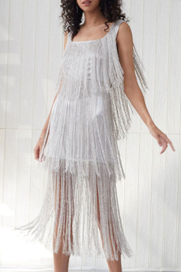 Red Square Backless Tassel Dress - Mislish