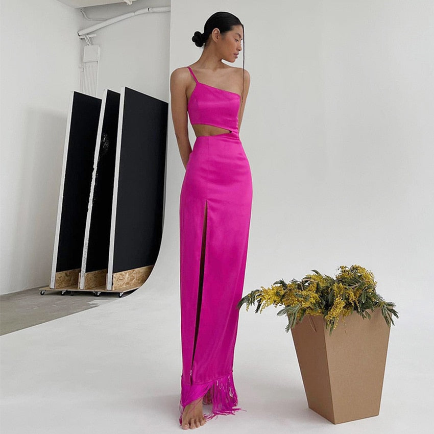 Satin One-Shoulder Cutout Tassel-Hem Maxi Dress