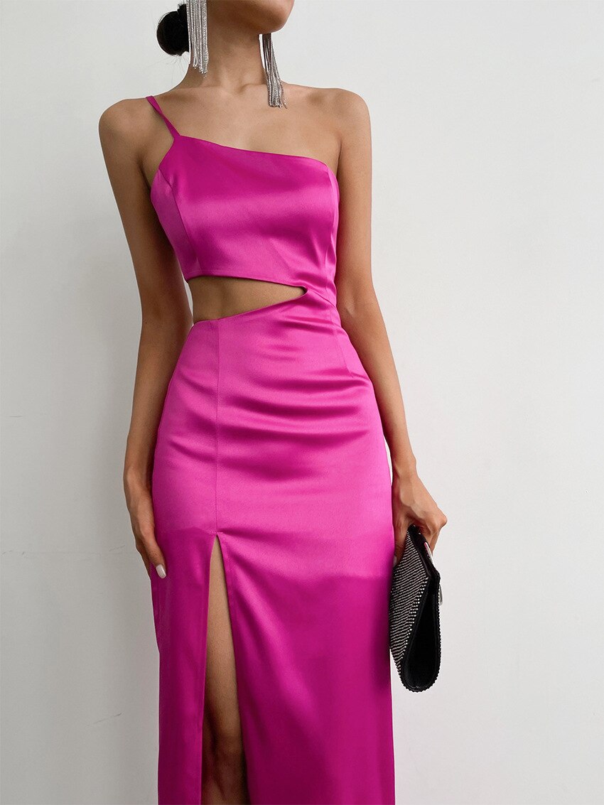 Satin One-Shoulder Cutout Tassel-Hem Maxi Dress 2