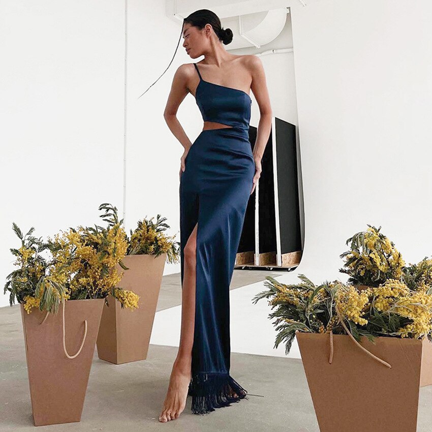 Satin One-Shoulder Cutout Tassel-Hem Maxi Dress 7