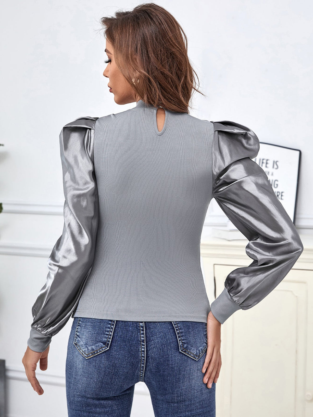 KittenAlarm - Stand Collar Puff Sleeve Top