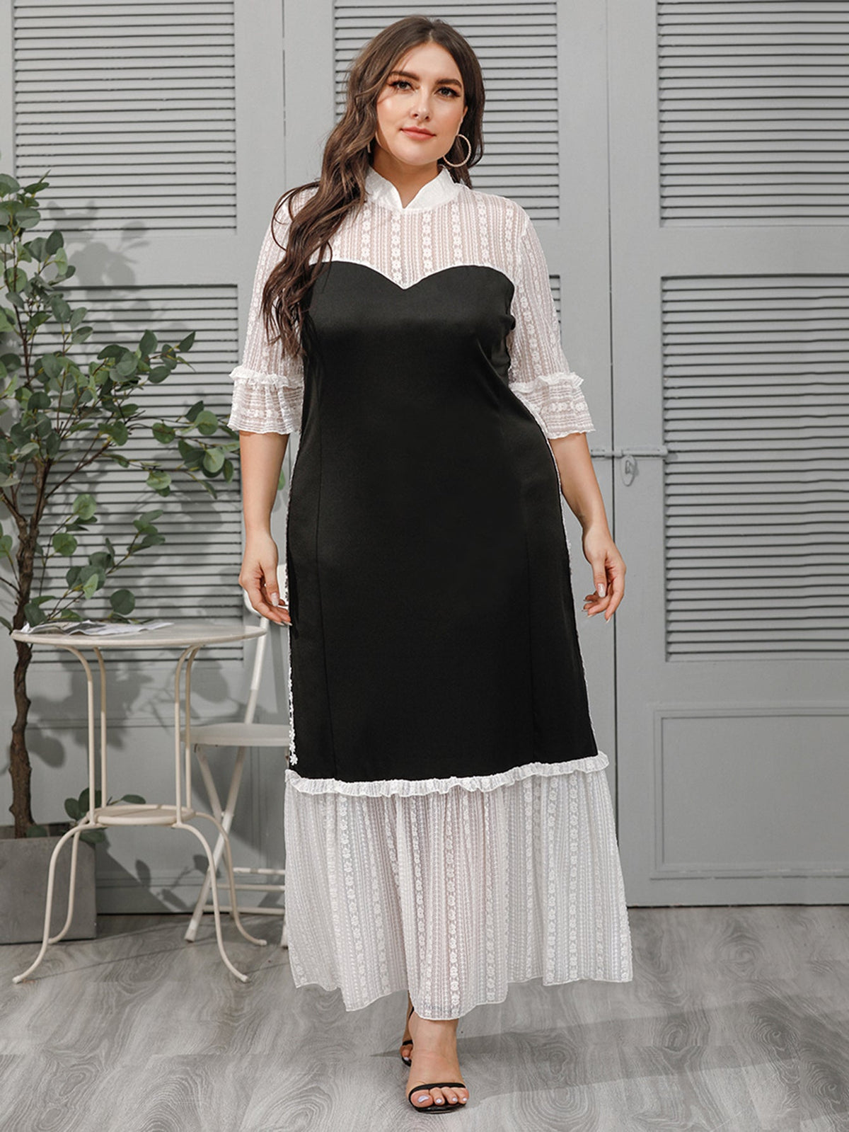Lace Panel High Neck Tiered Maxi Dress