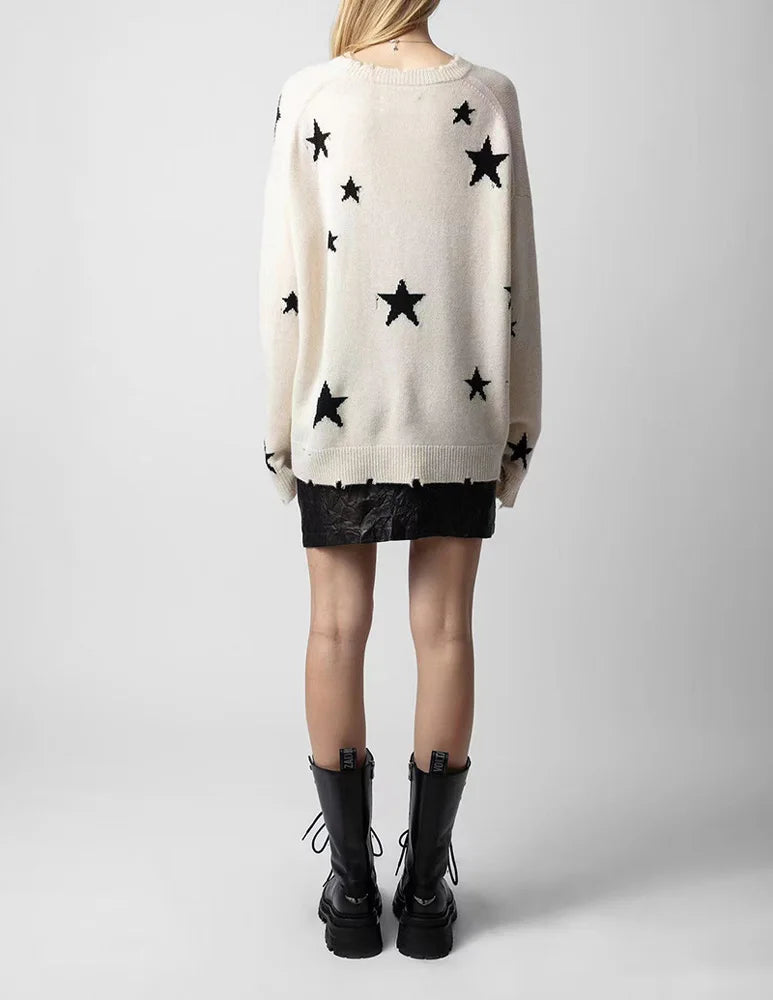 Star Ripped Cashmere Knit Pullover Casual Long Sleeve Knit Top