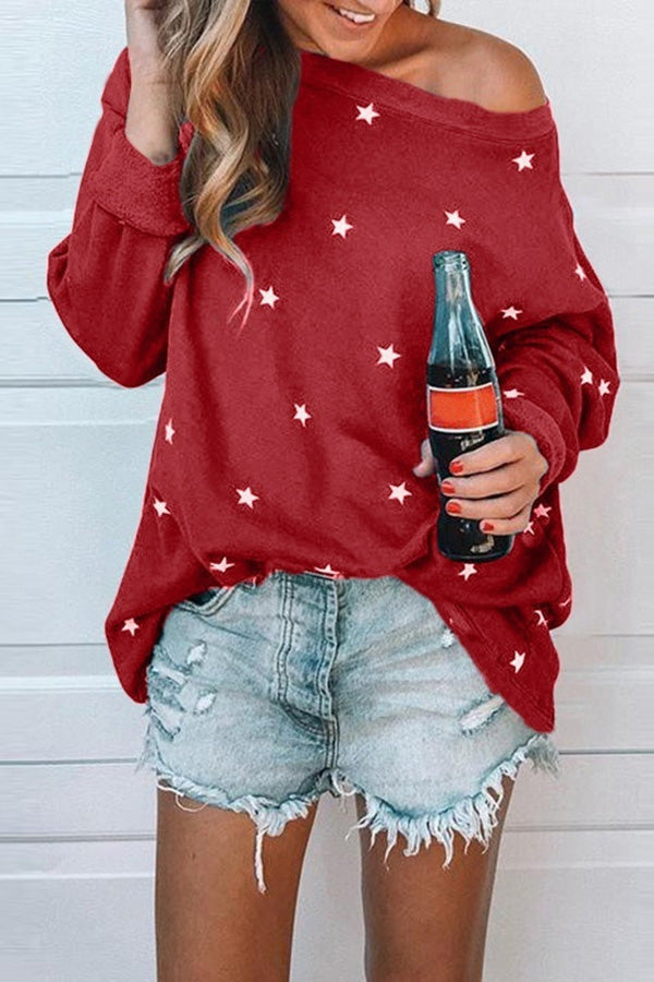 Star Print One Shoulder Casual Sweatshirt - Mislish