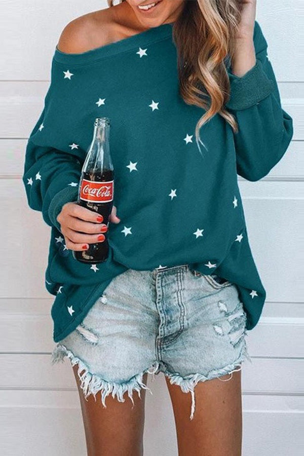 Star Print One Shoulder Casual Sweatshirt - Mislish