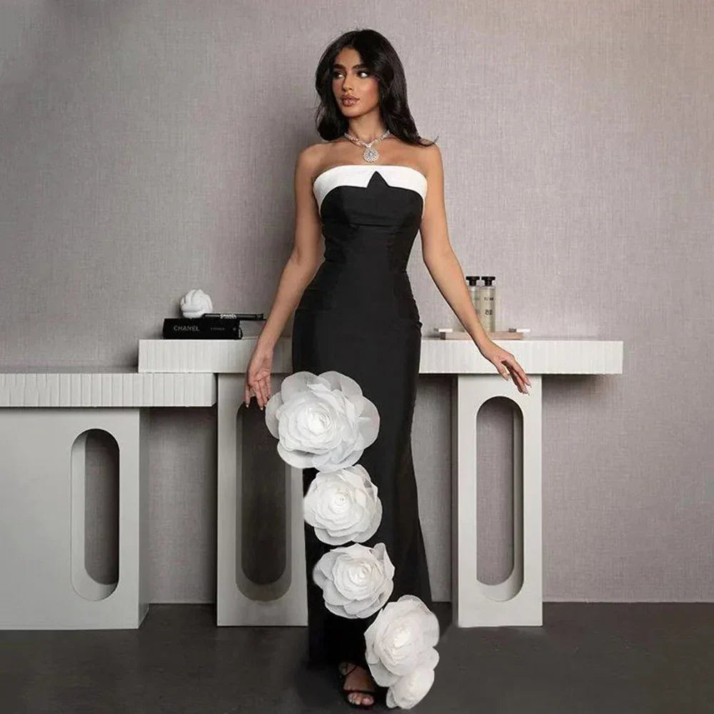 Strapless 3D Flower Appliqué Column Maxi Gown