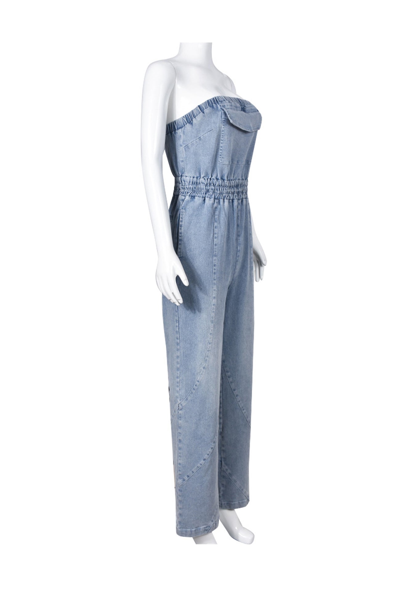 Strapless Elastic Waist Denim Jumpsuits - Fashionpara