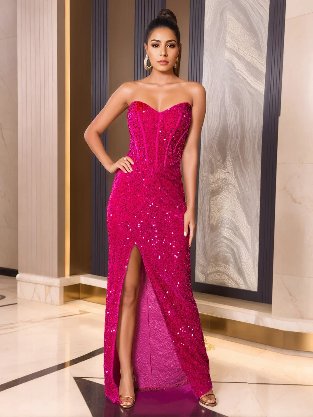 Sequin Strapless Sweetheart High Slit Mermaid Gown