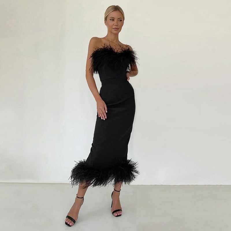 Feather Trim Strapless Column Midi Dress 4