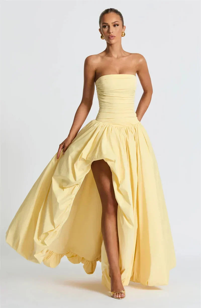 Strapless High Split Lace Up Back Maxi Dress