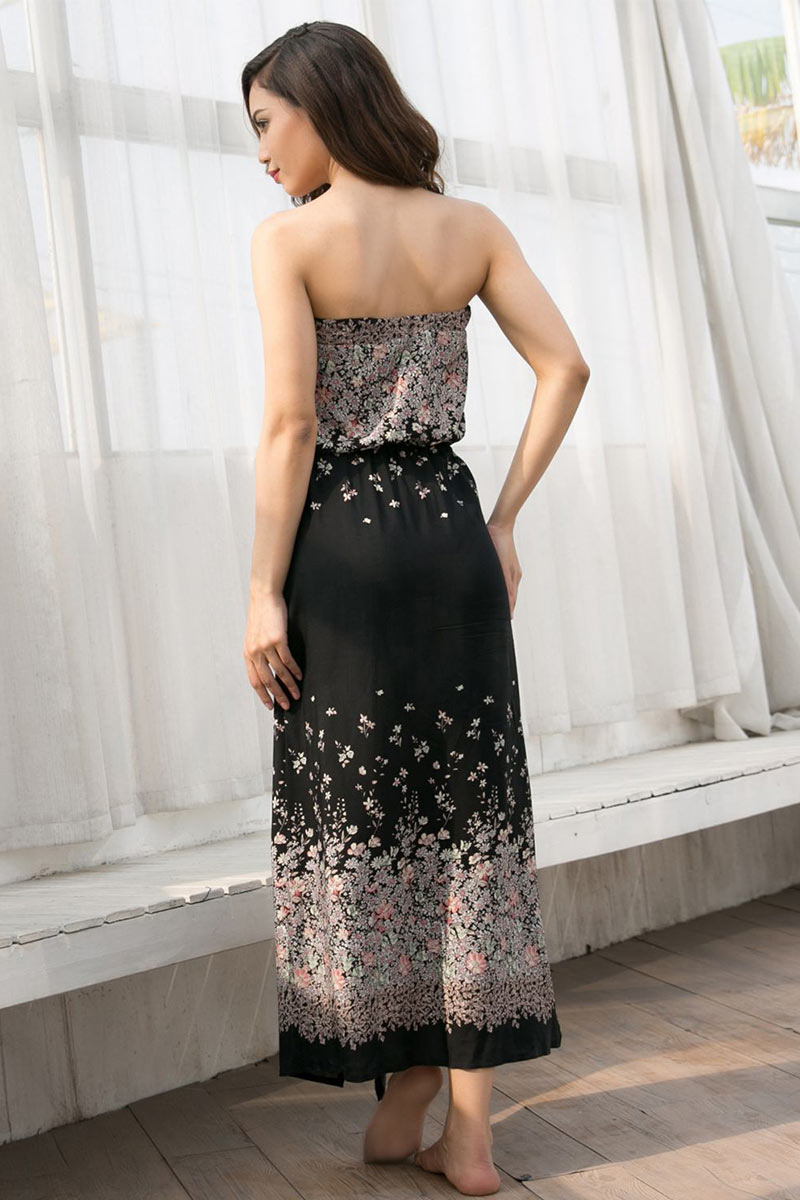 Strapless Open Back Slit Tie Front Floral Dress