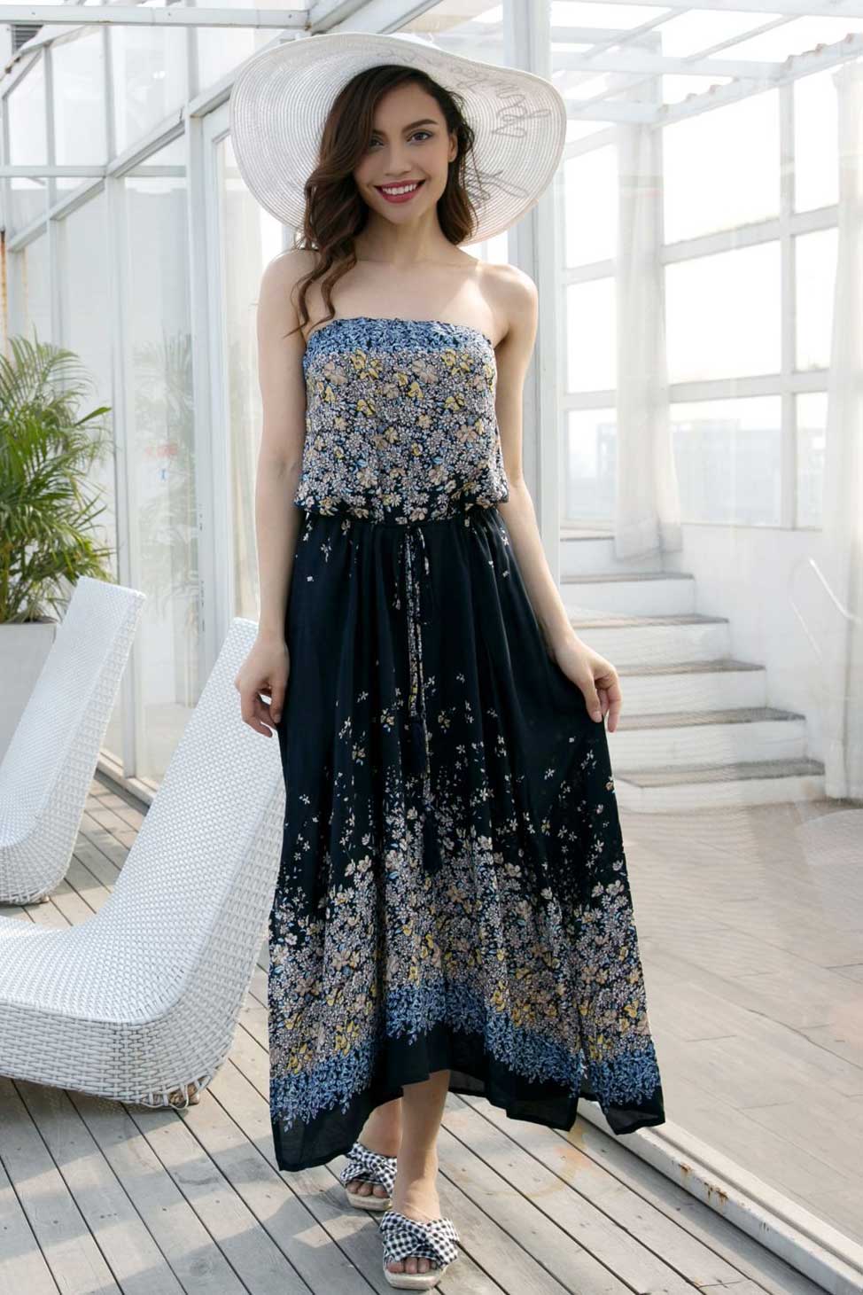 Strapless Open Back Slit Tie Front Floral Dress - Mislish
