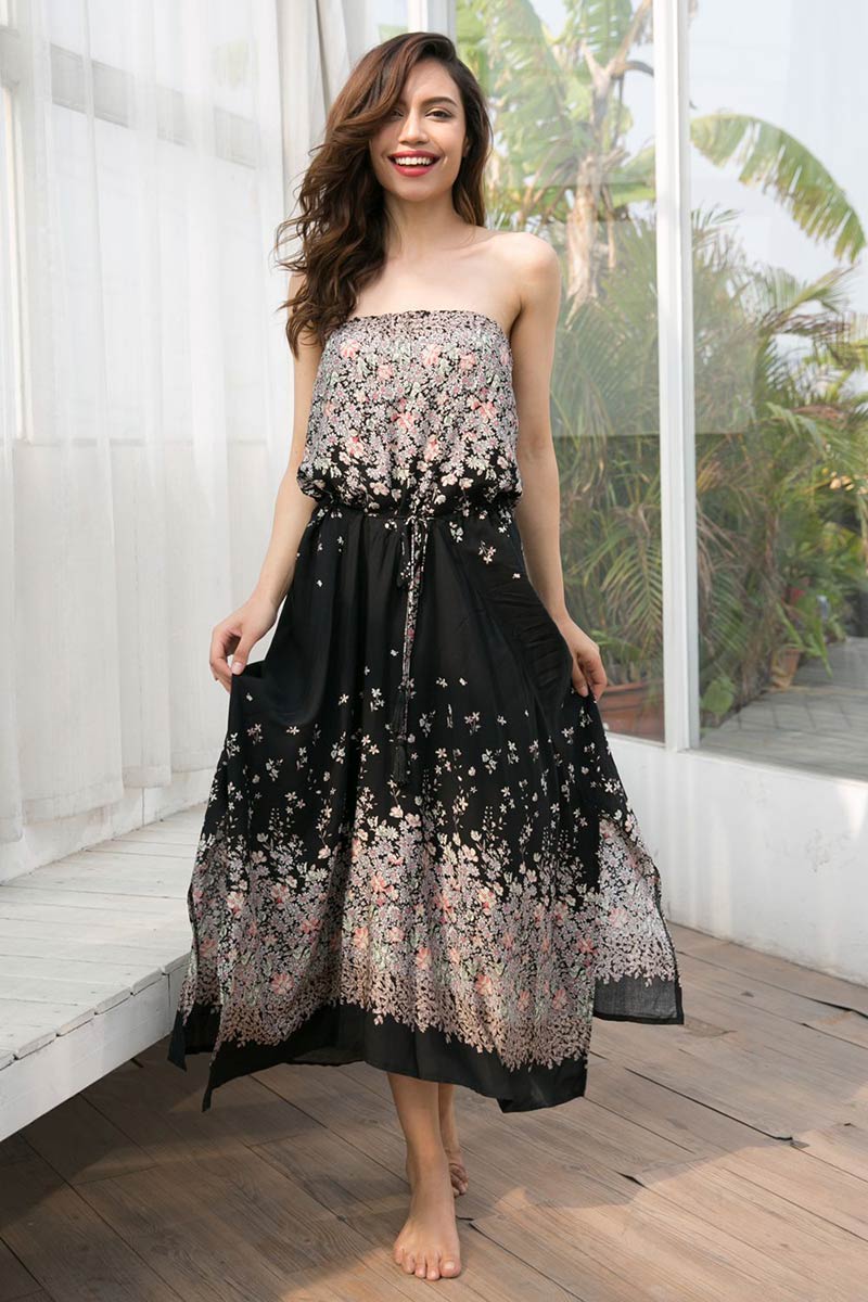 Strapless Open Back Slit Tie Front Floral Dress - Mislish