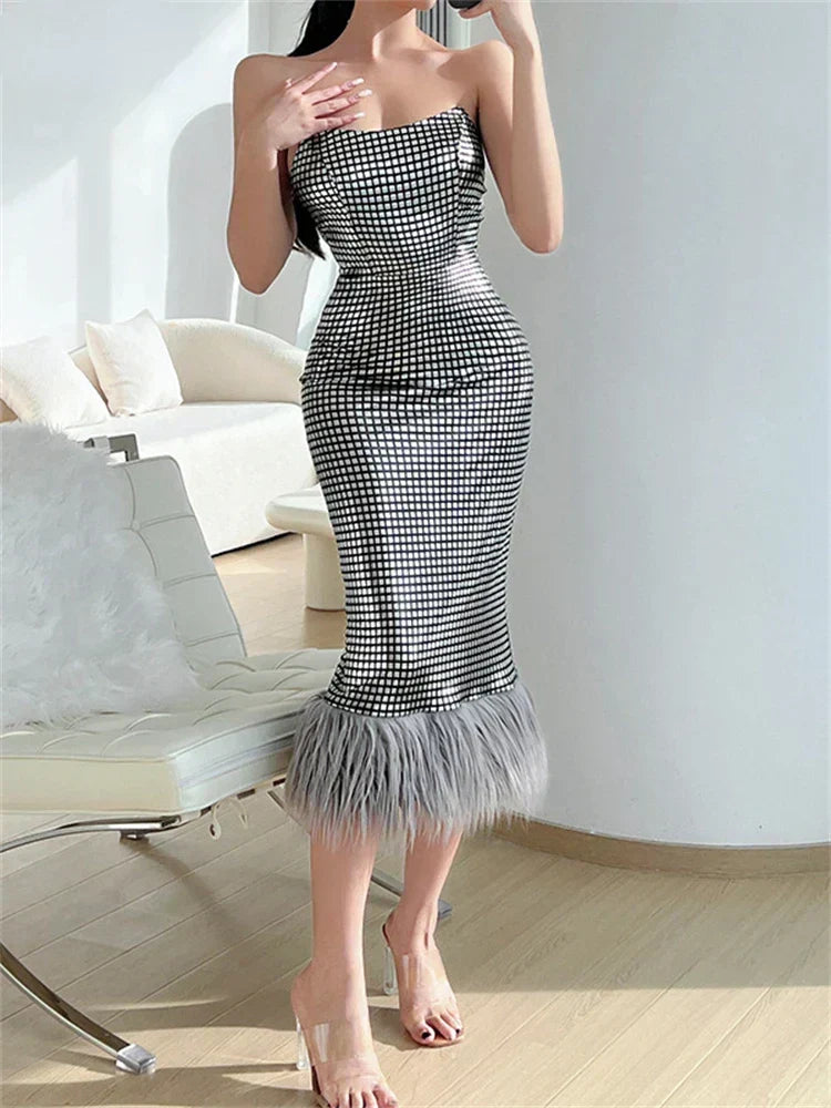 Checked Print Strapless Feather Hem Bodycon Midi Dress